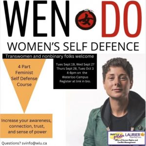 Instagram post for Wen-Do Women's Self-Defenc workshop at Wilfrid Laurier Campus starting September 2023. Image shows the Wen-Do logo in large lettering, as well as a photo of the course instructor, Shaiden Keaney.
